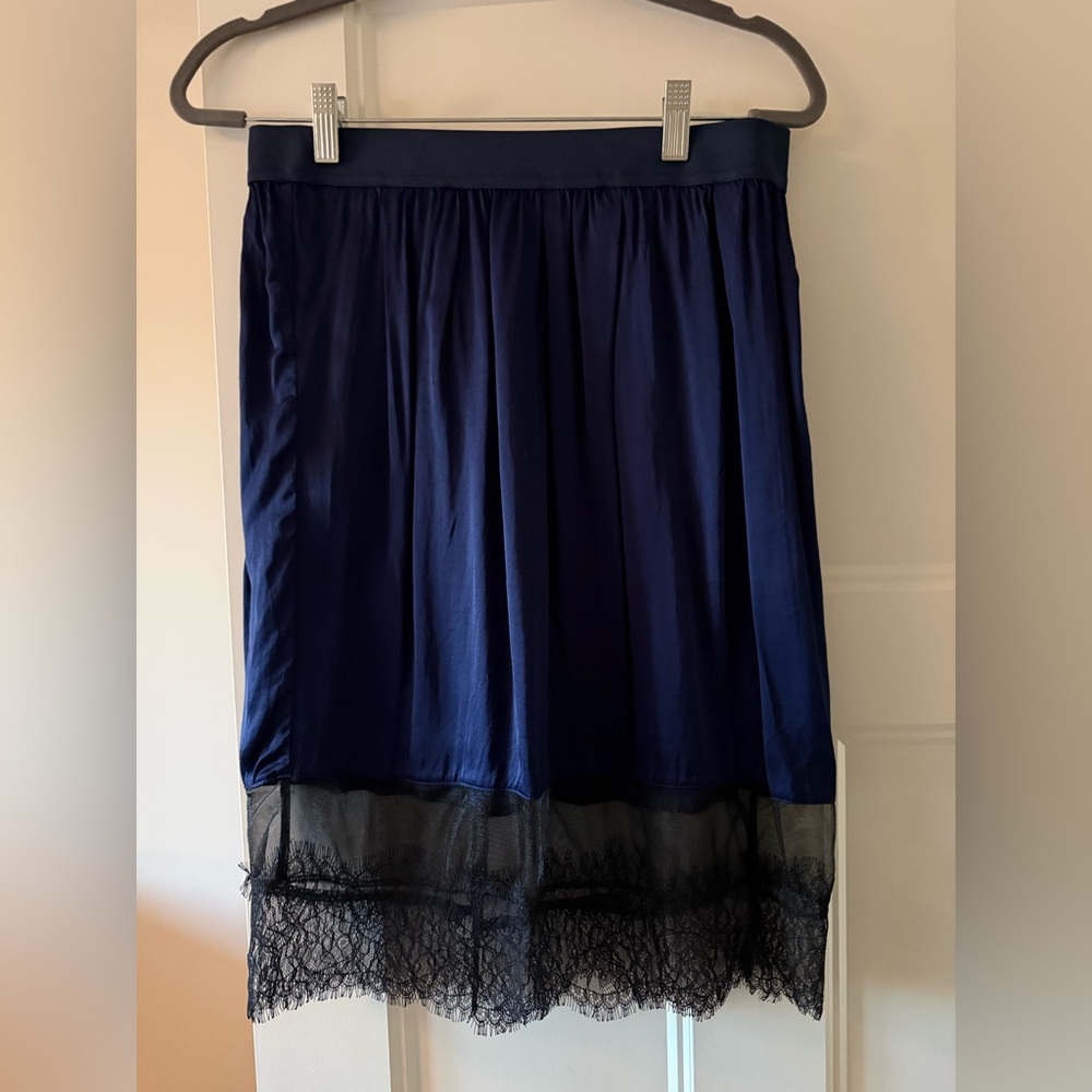 Elegant Navy Blue Skirt with Black Lace Trim